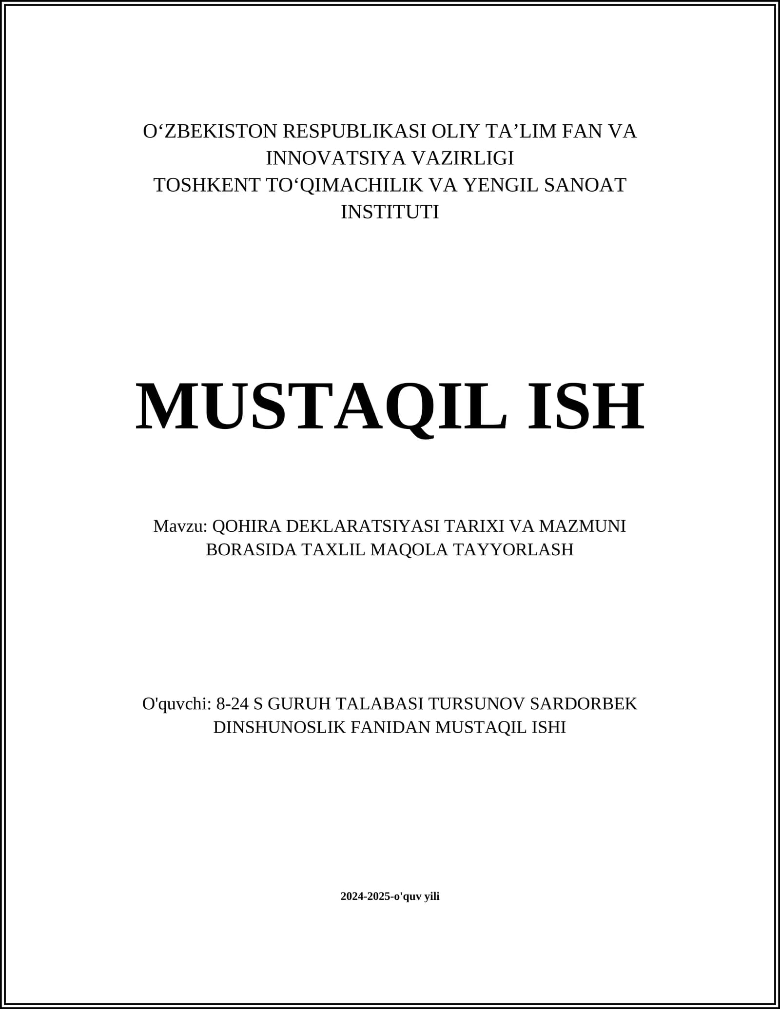 Qohira Deklaratsiyasi Tarixi va Ma'muni Borasida Taxlil Maqola Tayyorlash