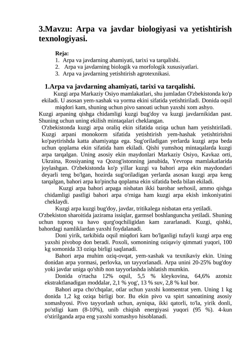 Kuzgi arpa yetishtirish texnologiyasi