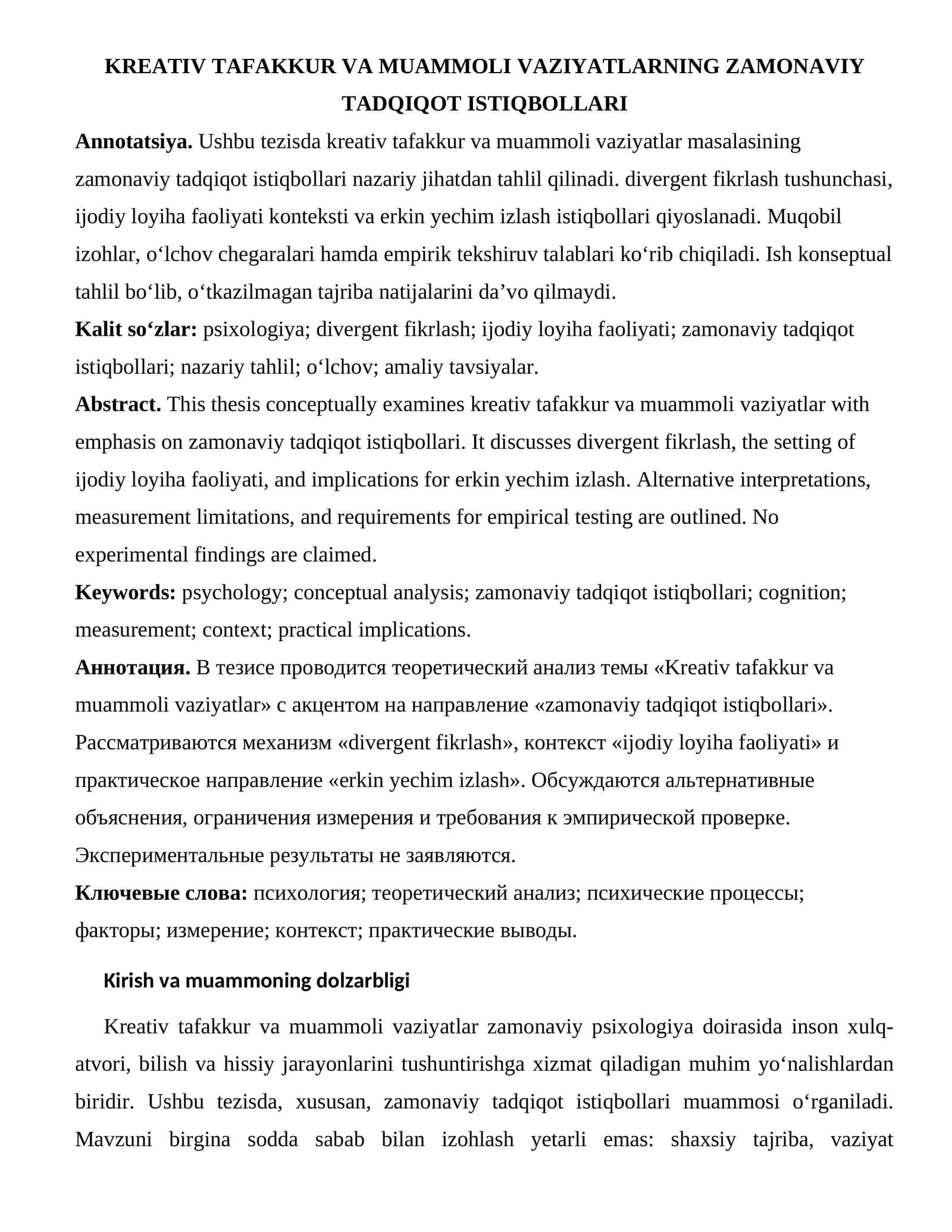 KREATIV TAFAKKUR VA MUAMMOLI VAZIYATLARNING ZAMONAVIY TADQIQOT ISTIQBOLLARI