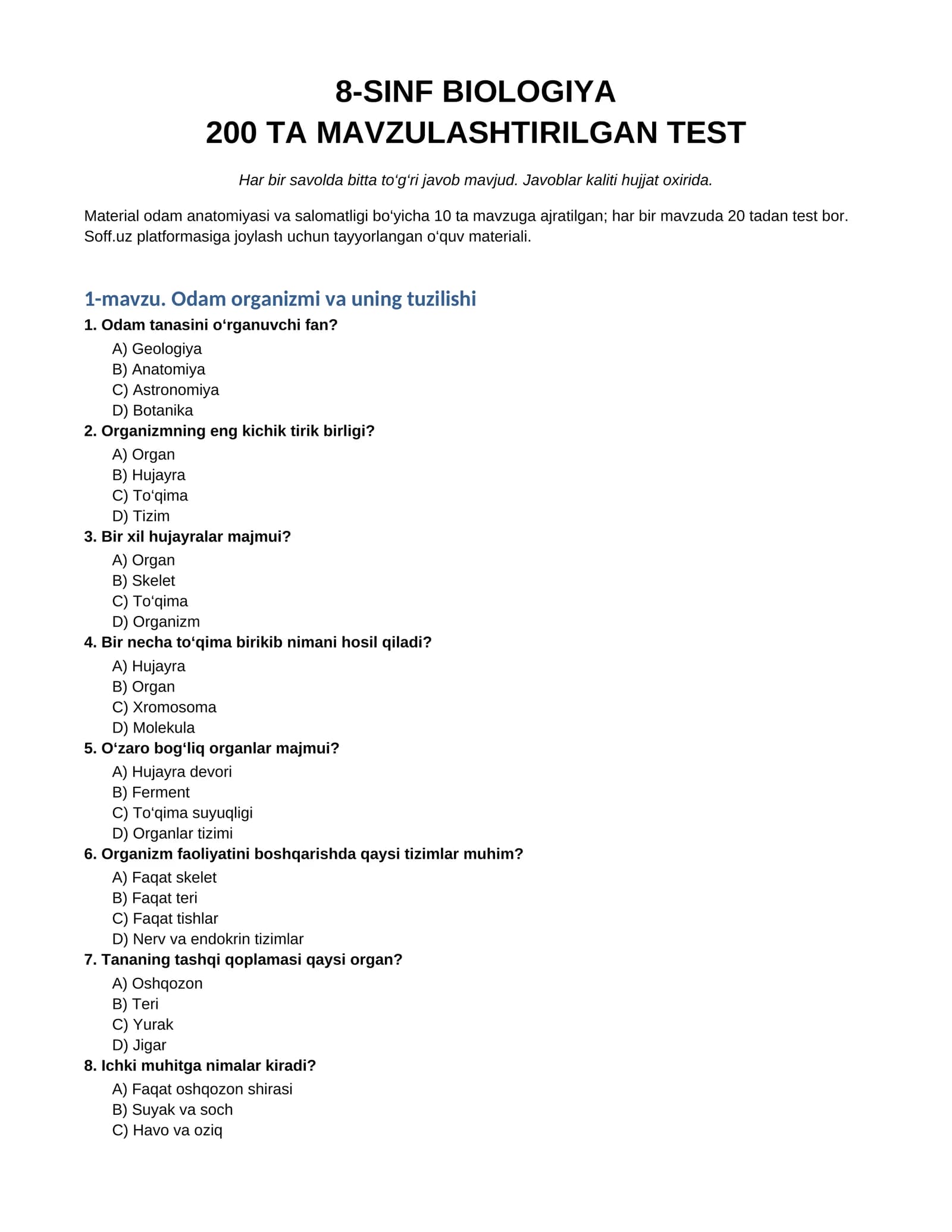 8-SINF BIOLOGIYA 200 TA MAVZULASHTIRILGAN TEST
