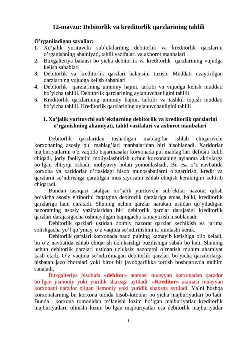 Debitоrlik va kreditоrlik qarzlarining tahlili
