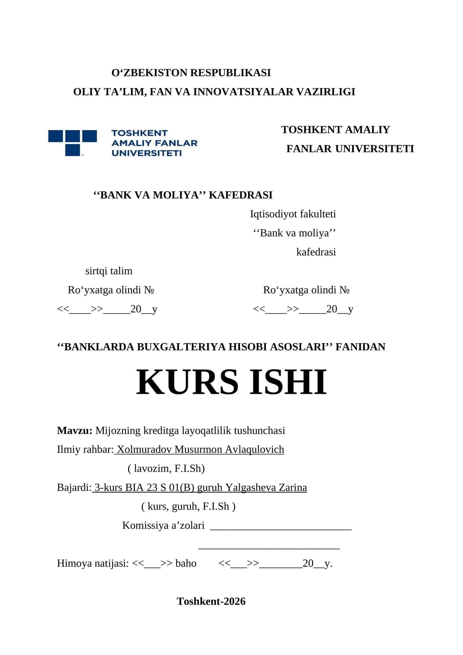 ‘‘BANKLARDA BUXGALTERIYA HISOBI ASOSLARI’’ FANIDAN KURS ISHI