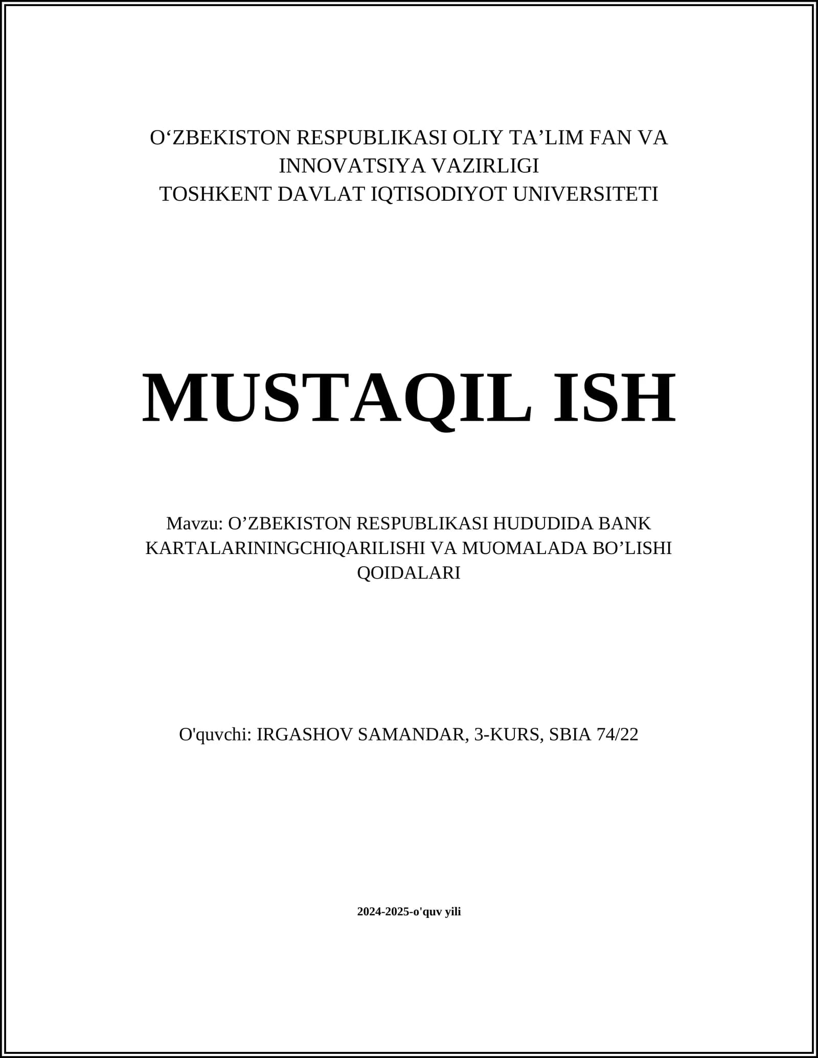 O’ZBEKISTON RESPUBLIKASI HUDUDIDA BANK KARTALARINING CHIQARILISHI VA MUOMALADA BO’LISHI QOIDALARI