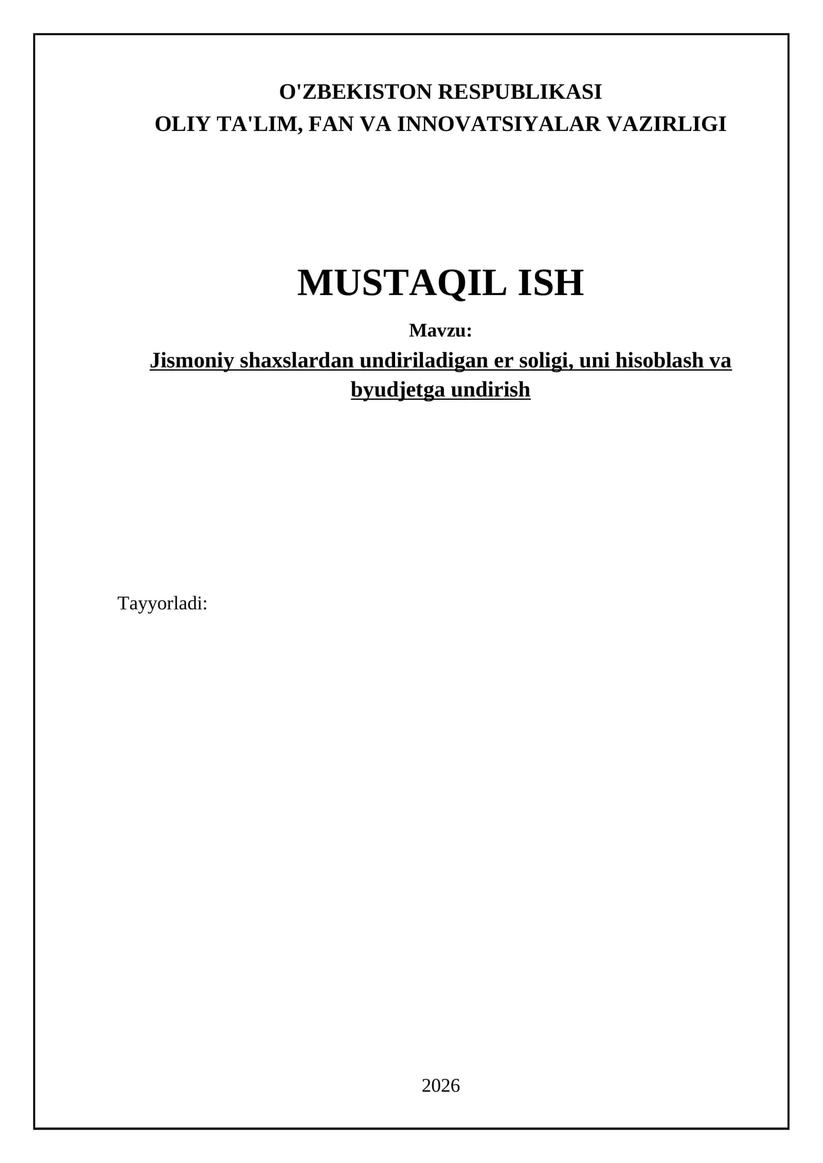 Jismoniy shaxslardan undiriladigan er soligi va uning hisoblashi