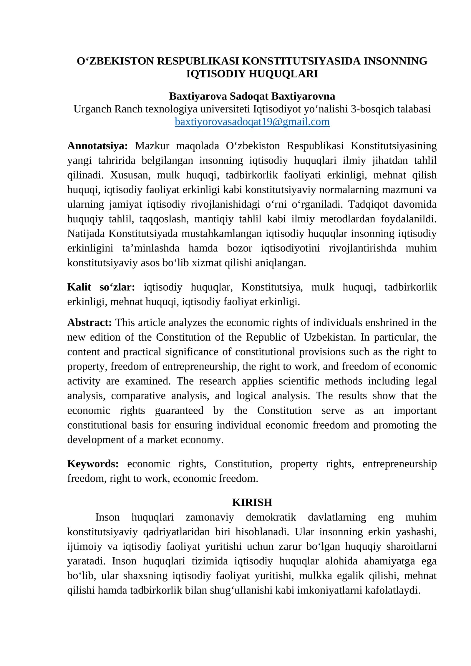 OʻZBEKISTON RESPUBLIKASI KONSTITUTSIYASIDA INSONNING IQTISODIY HUQUQLARI