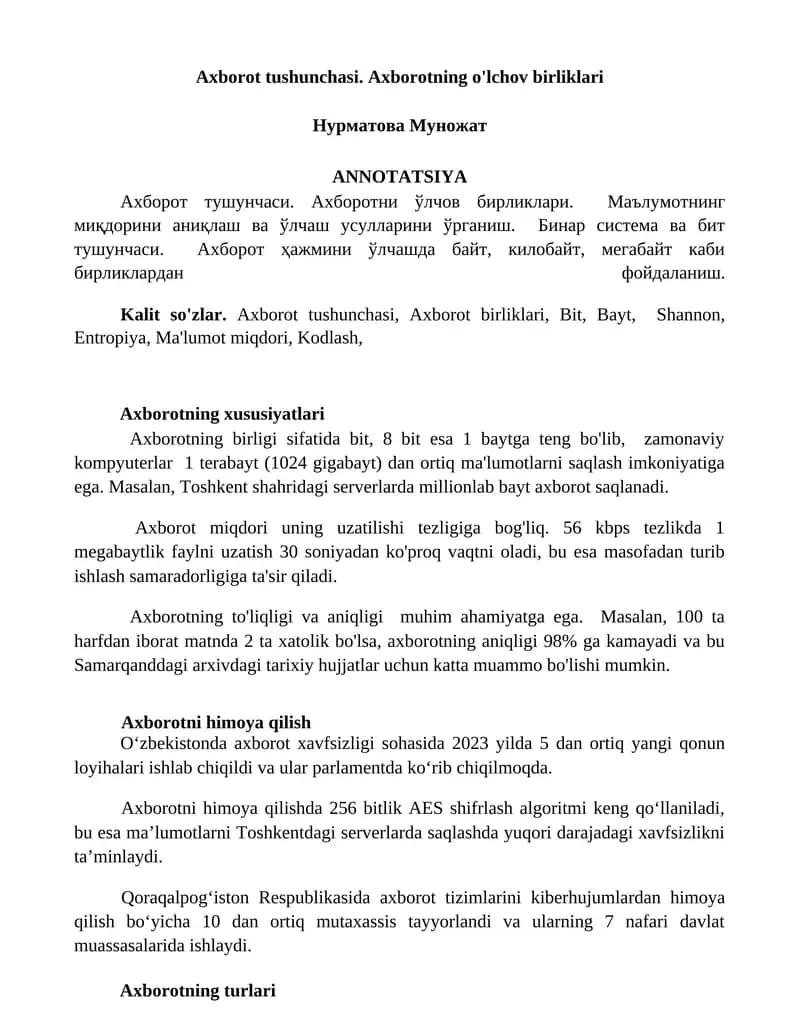 Axborot tushunchasi. Axborotning o'lchov birliklari