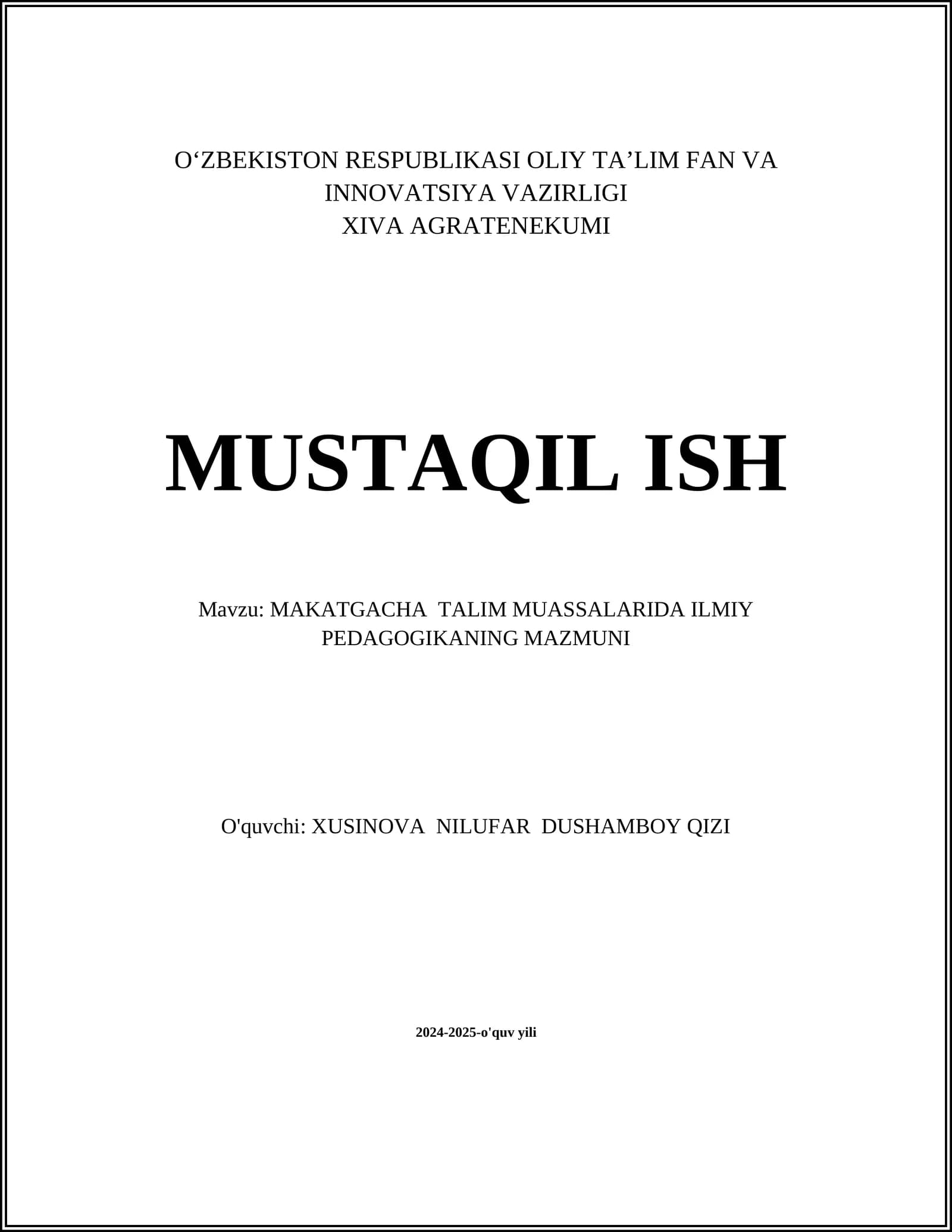 MAKATGACHA TALIM MUASSALARIDA ILMIY PEDAGOGIKANING MAZMUNI