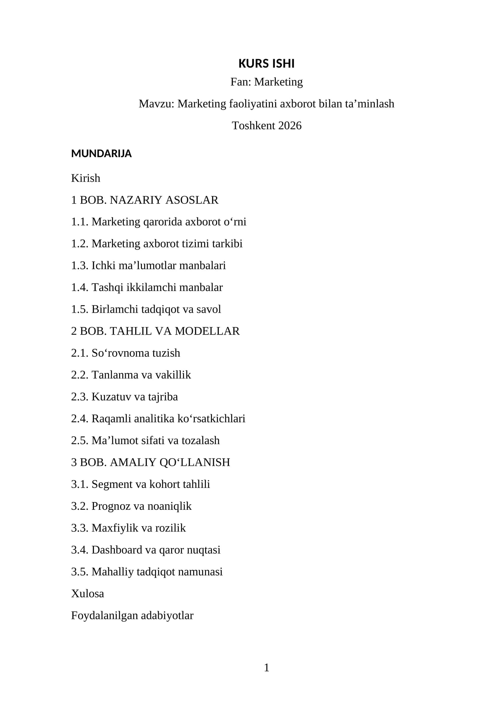 Marketing faoliyatini axborot bilan ta’minlash