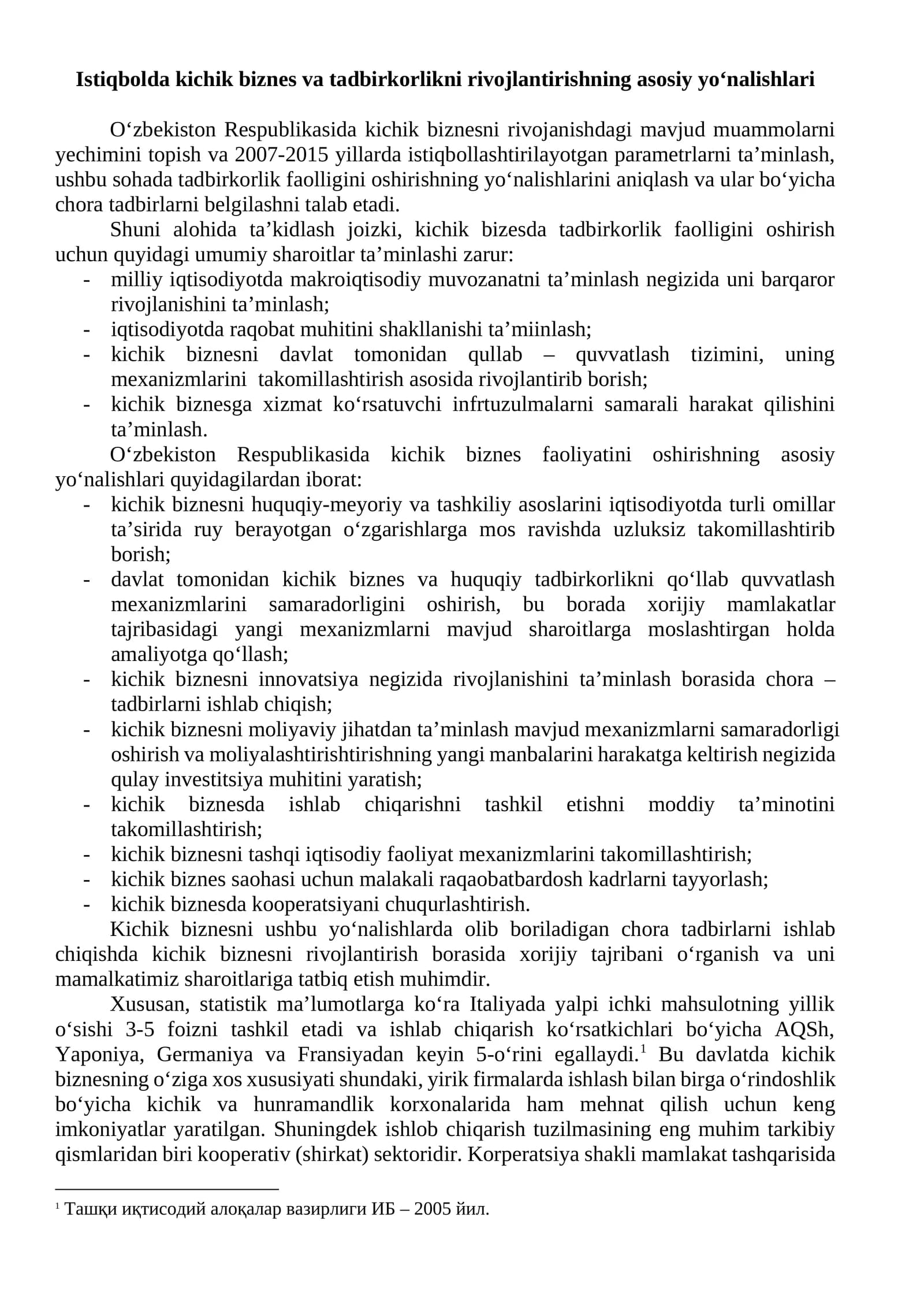 Istiqbolda kichik biznes va tadbirkorlikni rivojlantirishning asosiy yo‘nalishlari