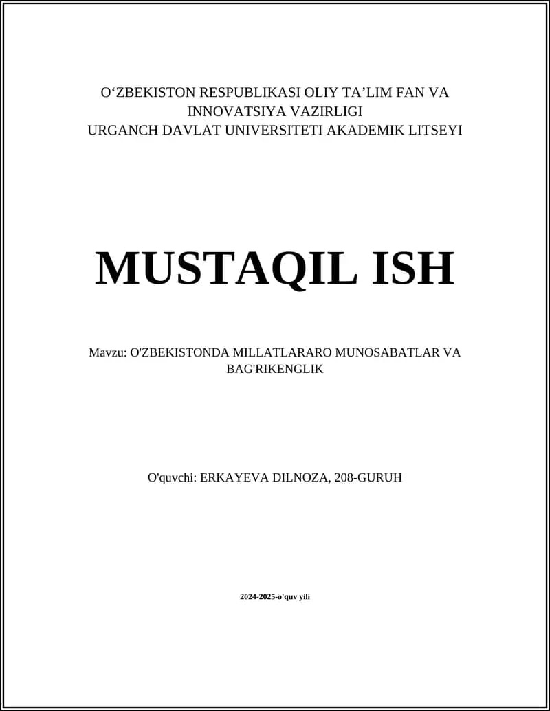 O'ZBEKISTONDA MILLATLARARO MUNOSABATLAR VA BAG'RIKENGLIK