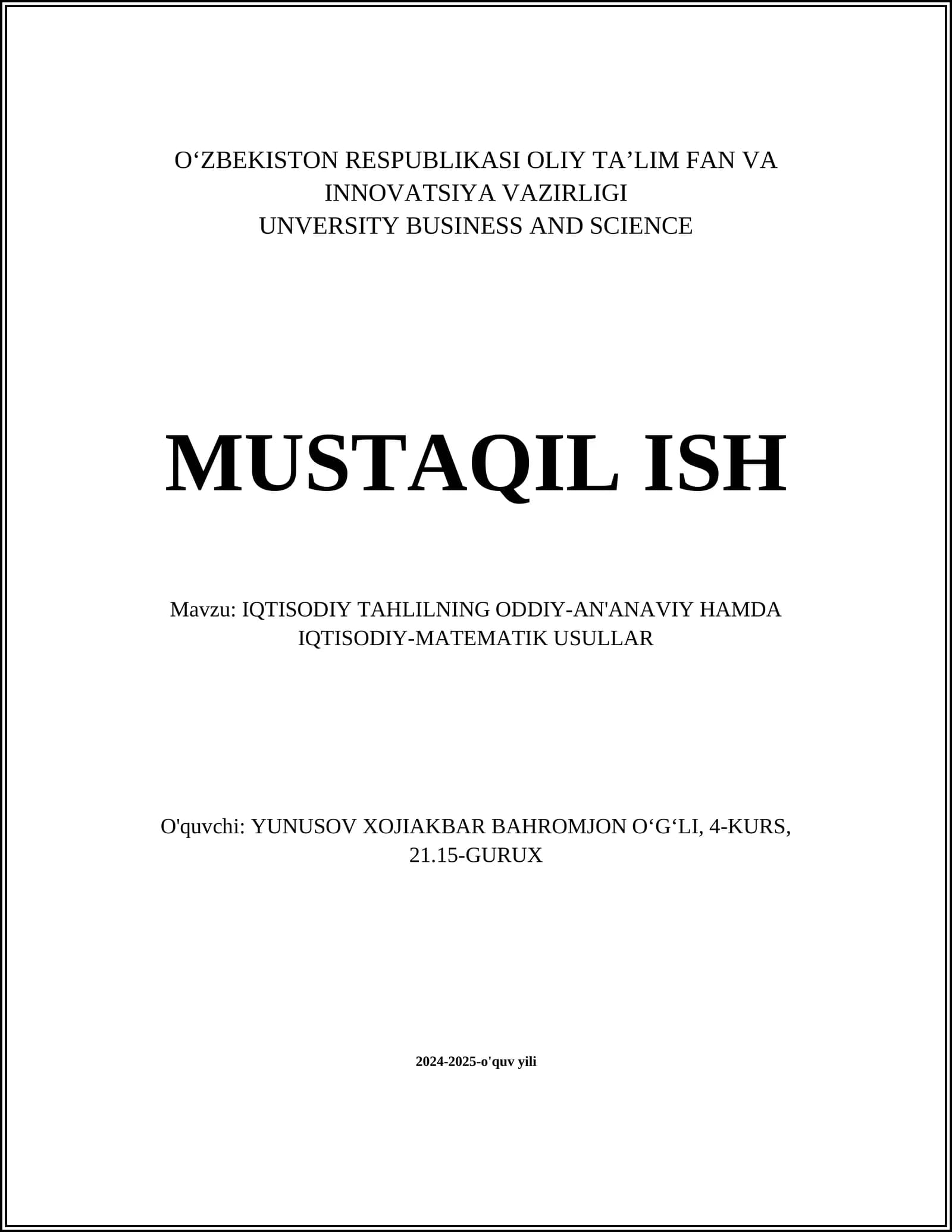 IQTISODIY TAHLILNING ODDIY-AN'ANAVIY HAMDA IQTISODIY-MATEMATIK USULLAR