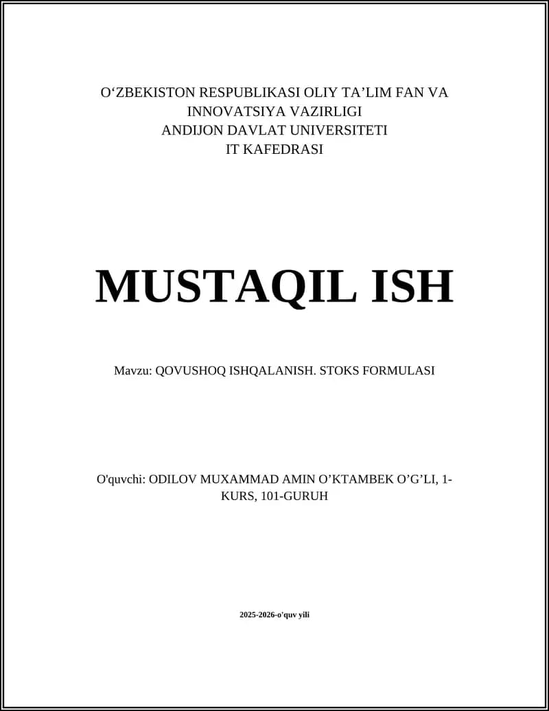 QOVUSHOQ ISHQALANISH. STOKS FORMULASI