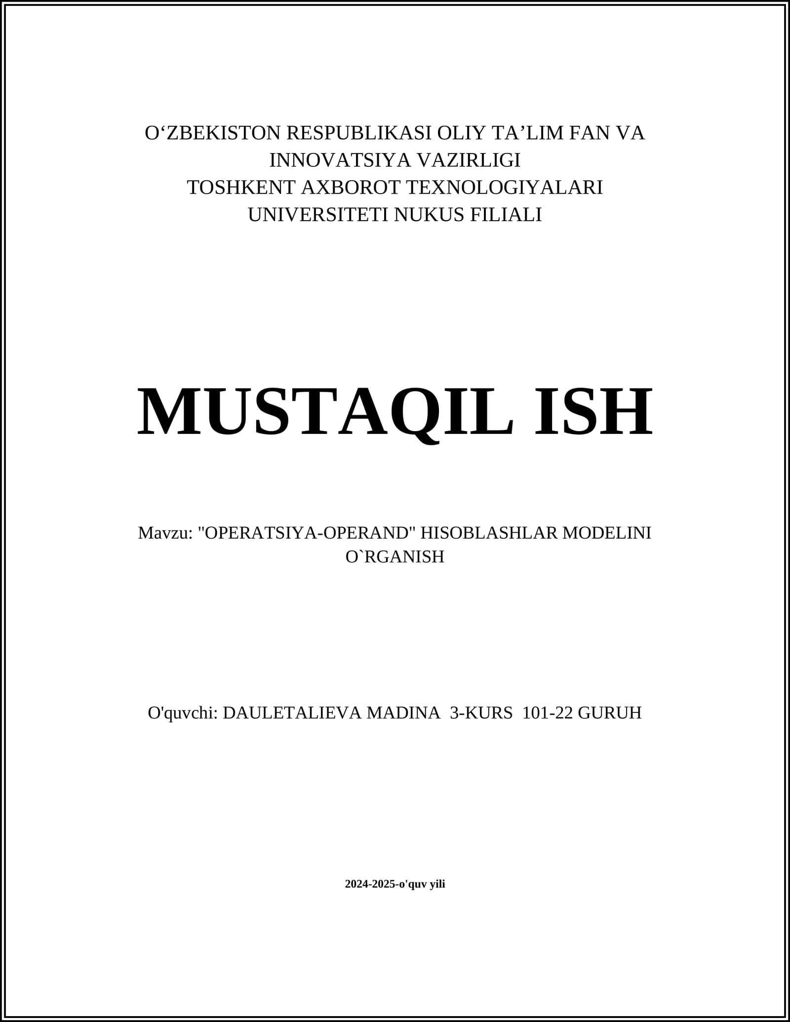 "OPERATSIYA-OPERAND" HISOBLASHLAR MODELINI O`RGANISH
