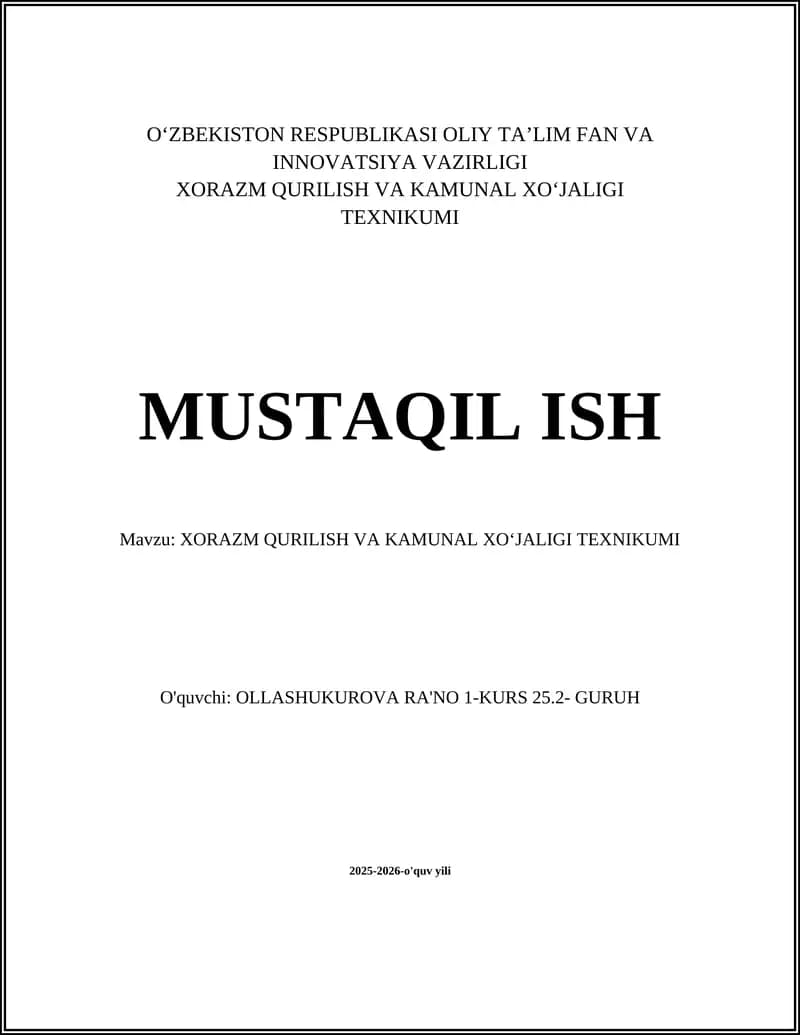 XORAZM QURILISH VA KAMUNAL XOʻJALIGI TEXNIKUMI