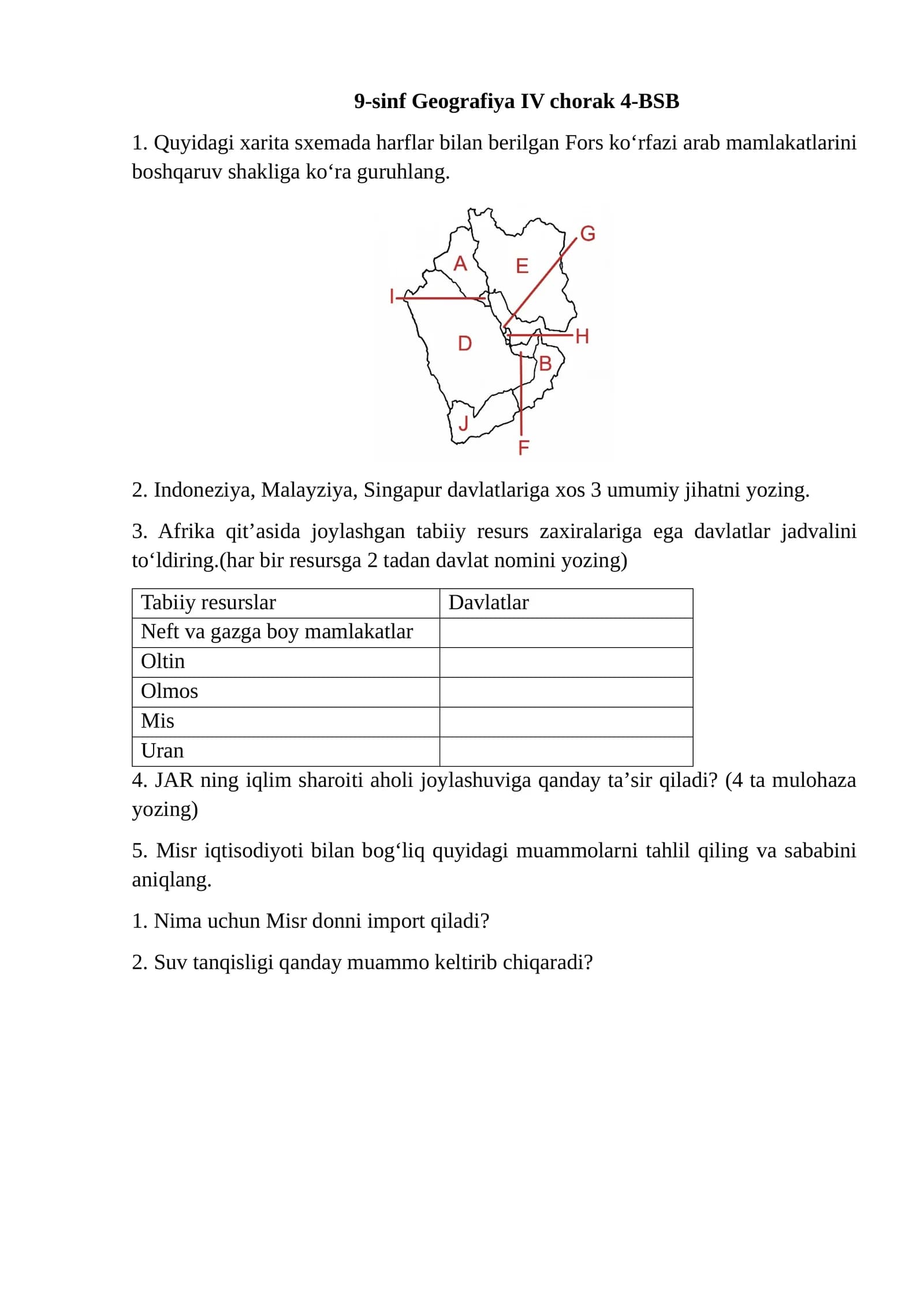 9-sinf Geografiya IV chorak 4-BSB