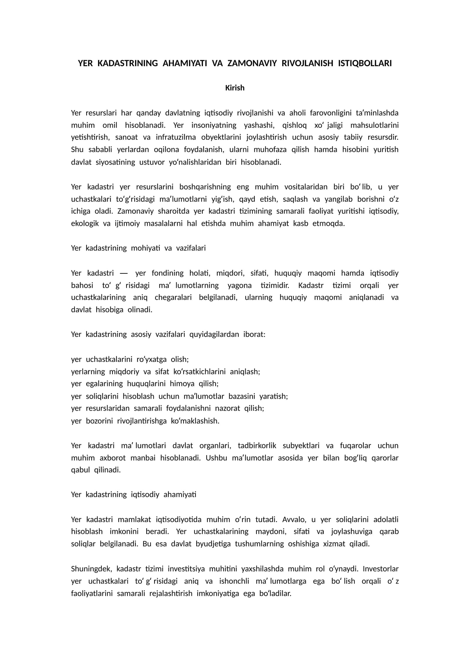 YER KADASTRINING AHAMIYATI VA ZAMONAVIY RIVOJLANISH ISTIQBOLLARI