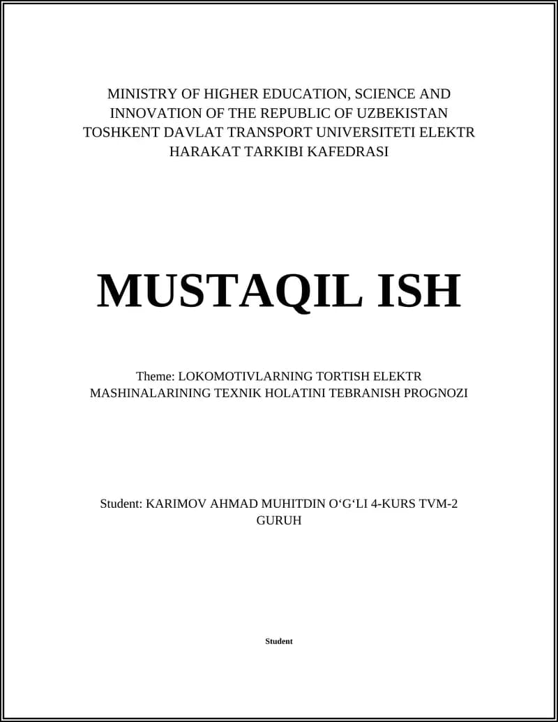 LOKOMOTIVLARNING TORTISH ELEKTR MASHINALARINING TEXNIK HOLATINI TEBRANISH PROGNOZI