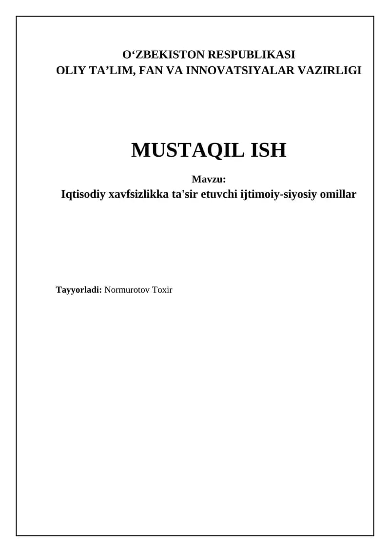 Iqtisodiy xavfsizlikka ta'sir etuvchi ijtimoiy-siyosiy omillar