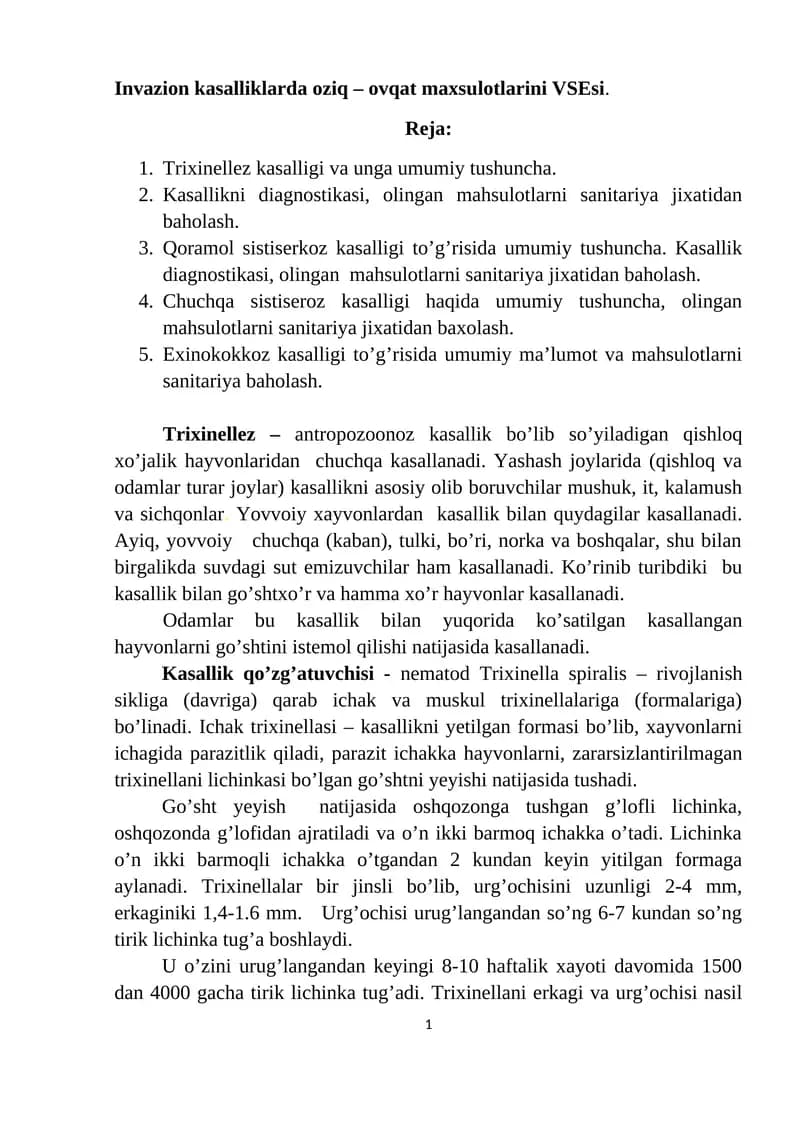 Invazion kasalliklarda oziq – ovqat maxsulotlarini VSEsi.