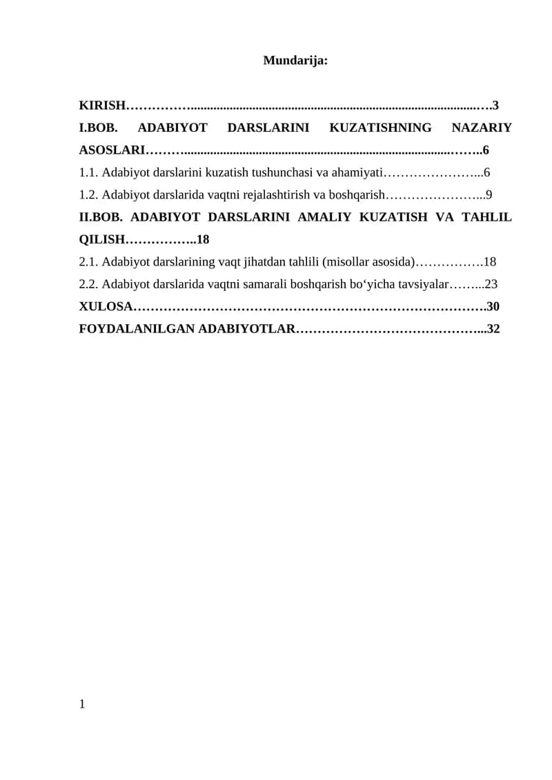 Adabiyot Darslarini Amaliy Kuzatish va Tahlil Qilish