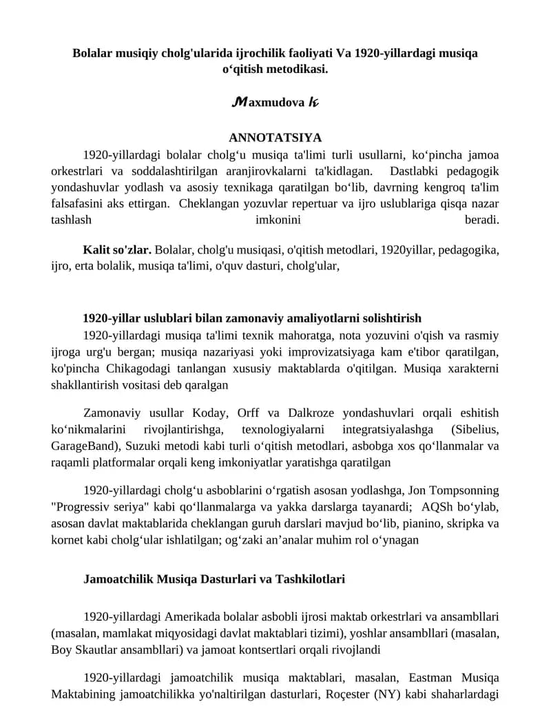 1920-yillardagi bolalar cholg'ularida musiqa ta'limi