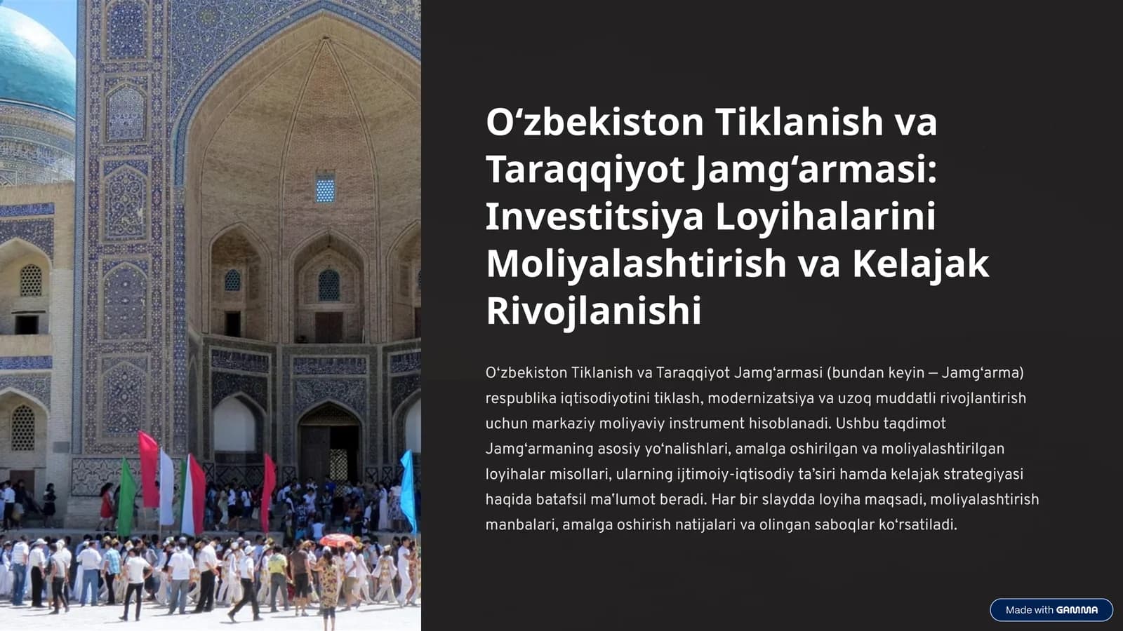 O‘zbekiston Tiklanish va Taraqqiyot Jamg‘armasi: Investitsiya Loyihalarini Moliyalashtirish va Kelajak Rivojlanishi