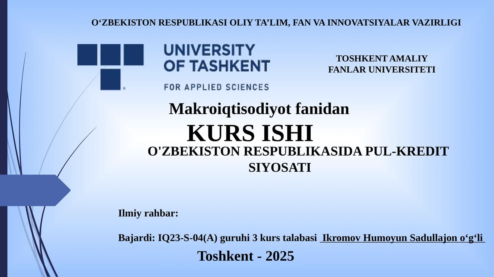 O'ZBEKISTON RESPUBLIKASIDA PUL-KREDIT SIYOSATI