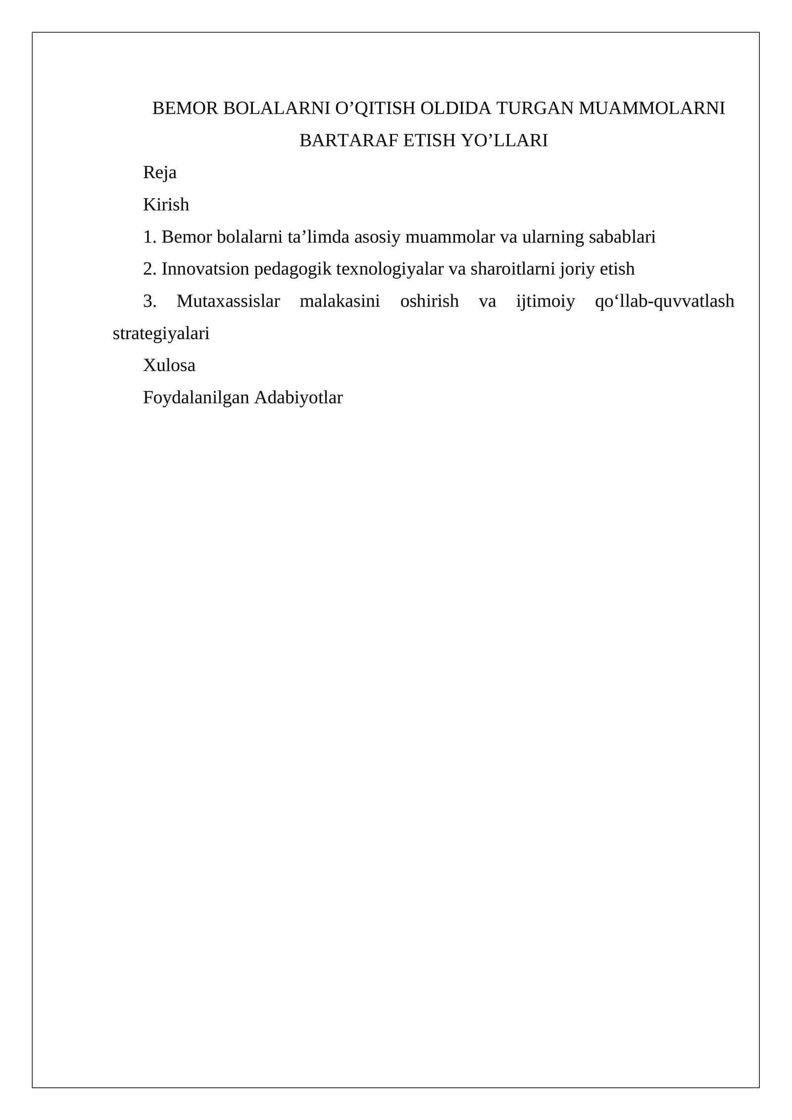 Bemor Bolalarni O’qitish Oldida Turgan Muammolarni Bartaraf Etish Yo’llari