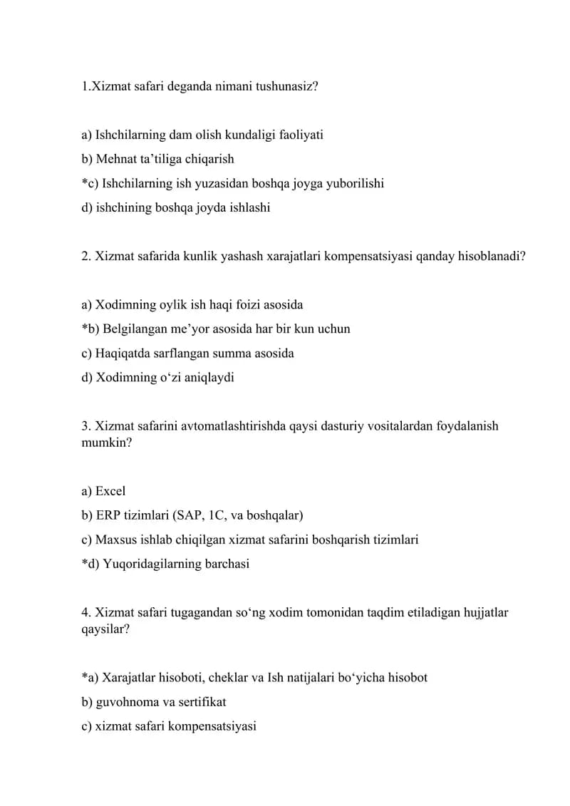 Xizmat safarini tashkil etishga oid test