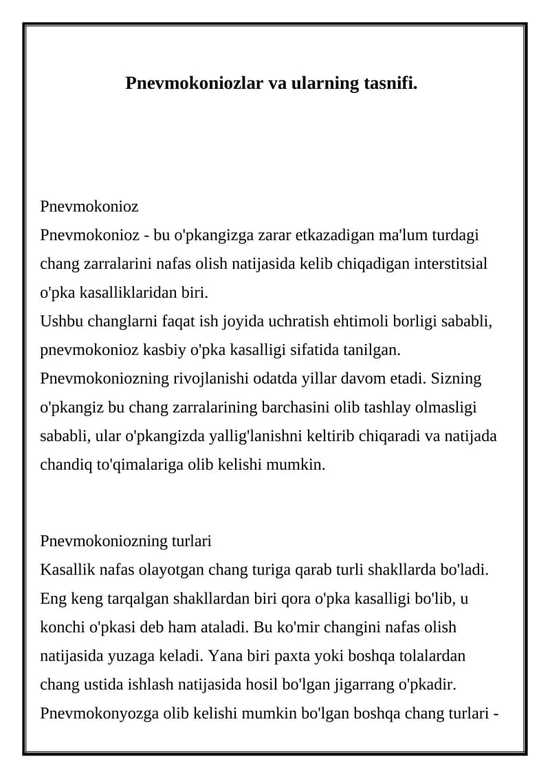 Pnevmokoniozlar va ularning tasnifi