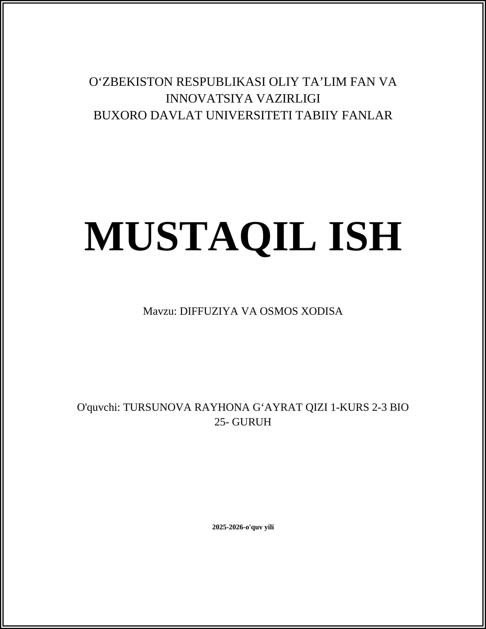 DIFFUZIYA VA OSMOS XODISA