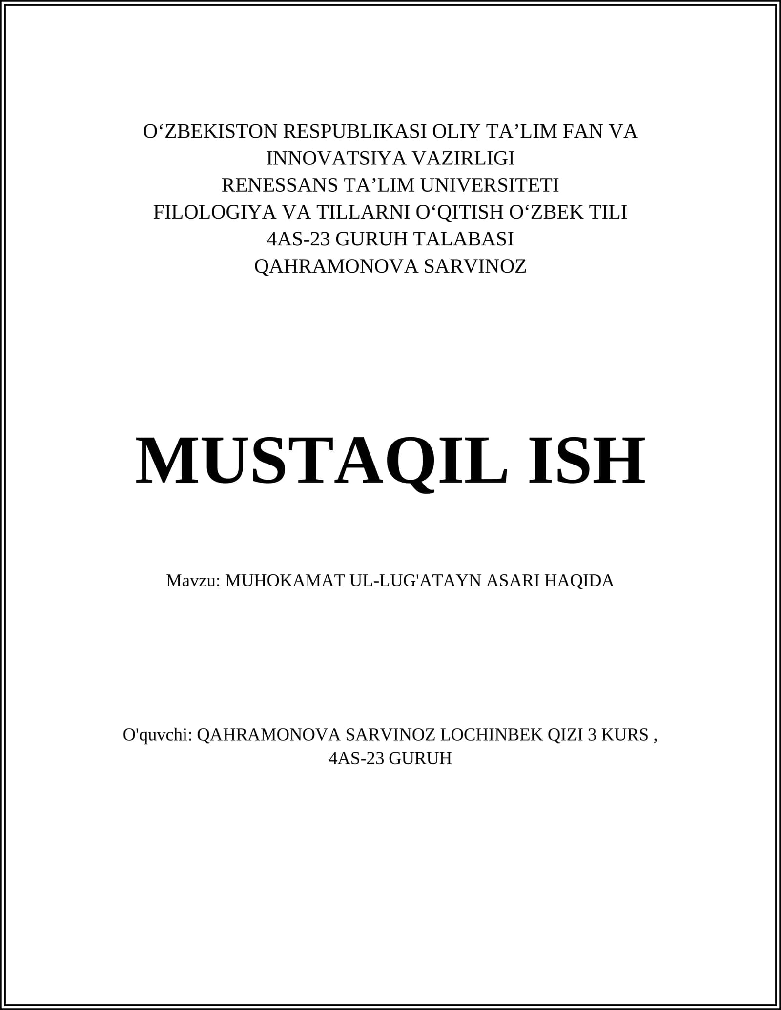 MUHOKAMAT UL-LUG'ATAYN ASARI HAQIDA