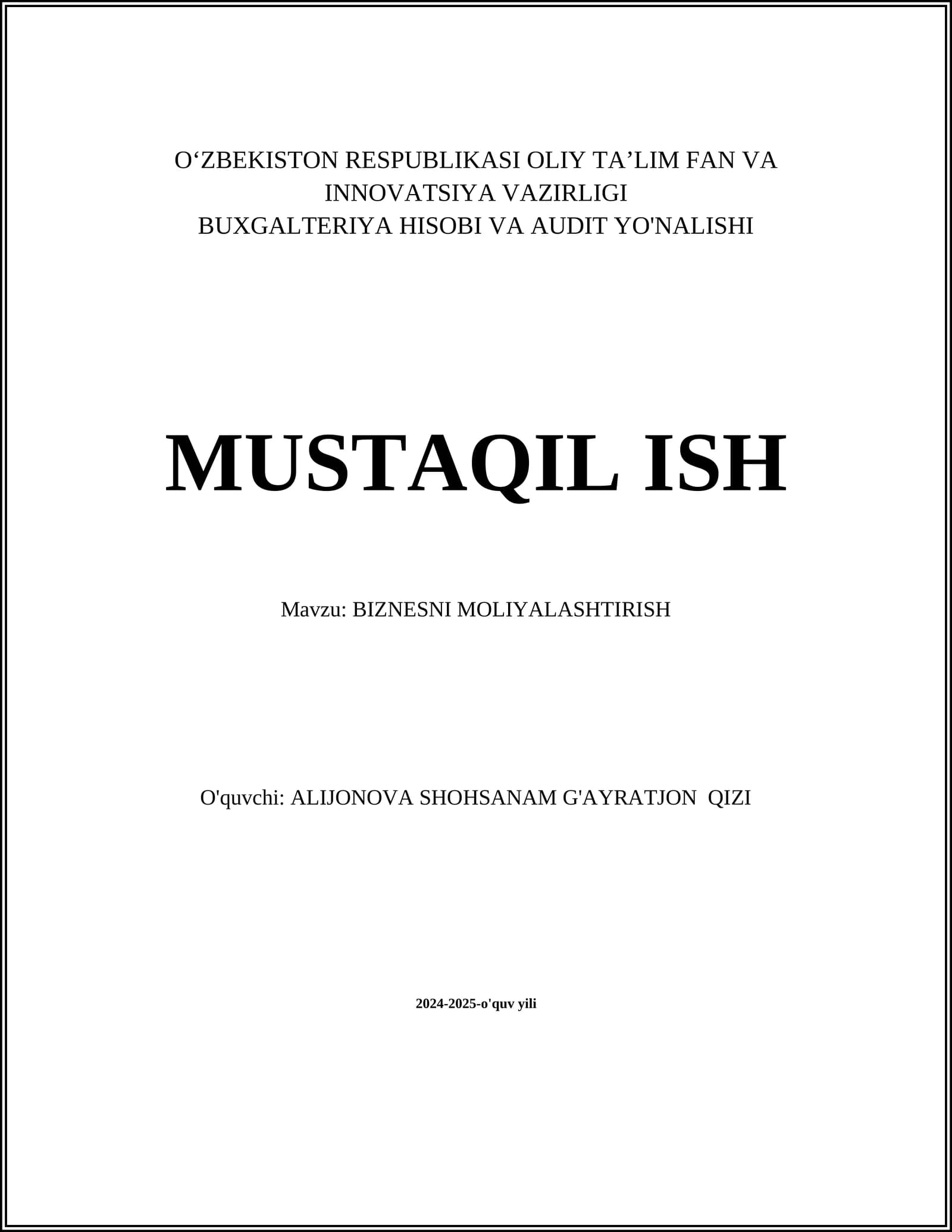BIZNESNI MOLIYALASHTIRISH