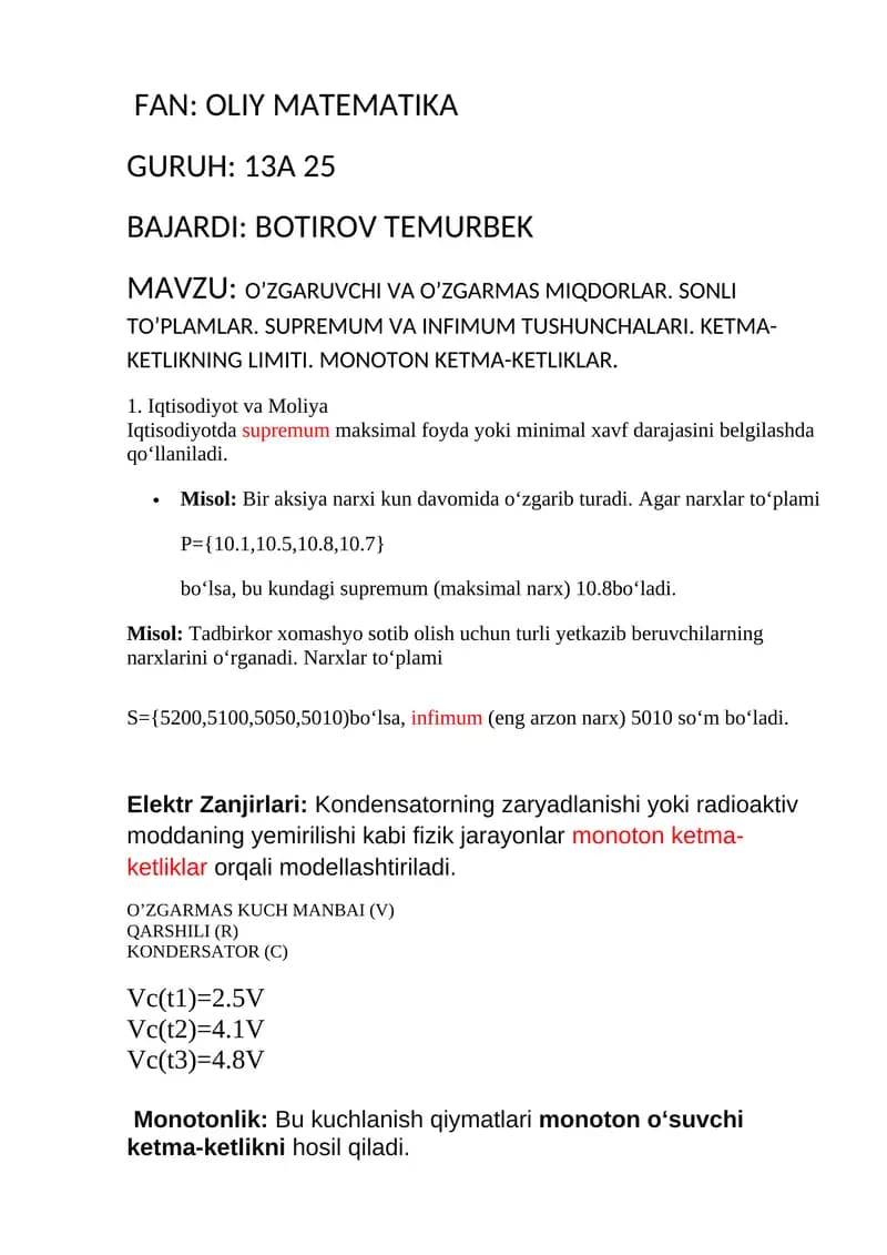 O’zgaruvchi va O’zgarmas Miqdorlar. Sonli To’plamlar. Supremum va Infimum Tushunchalari. Ketma-ketlikning Limiti.