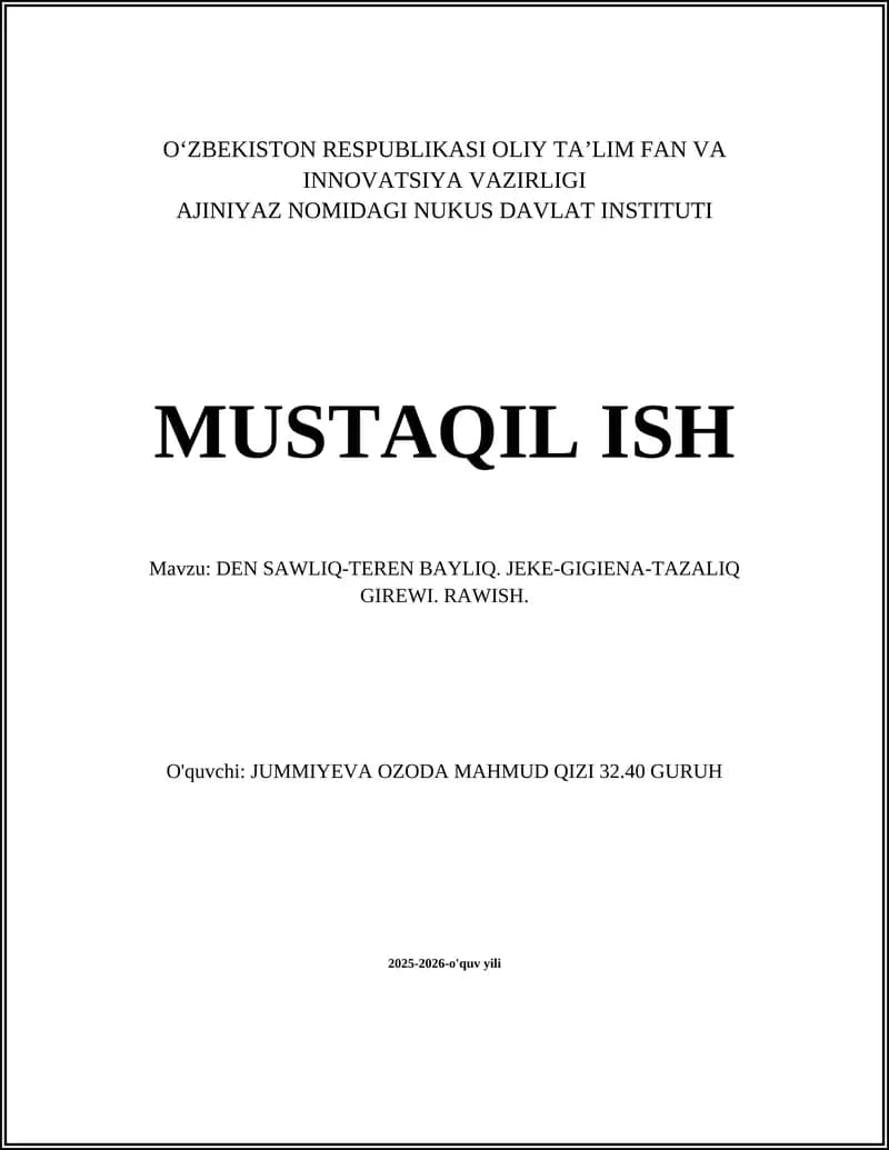DEN SAWLIQ-TEREN BAYLIQ. JEKE-GIGIENA-TAZALIQ GIREWI. RAWISH