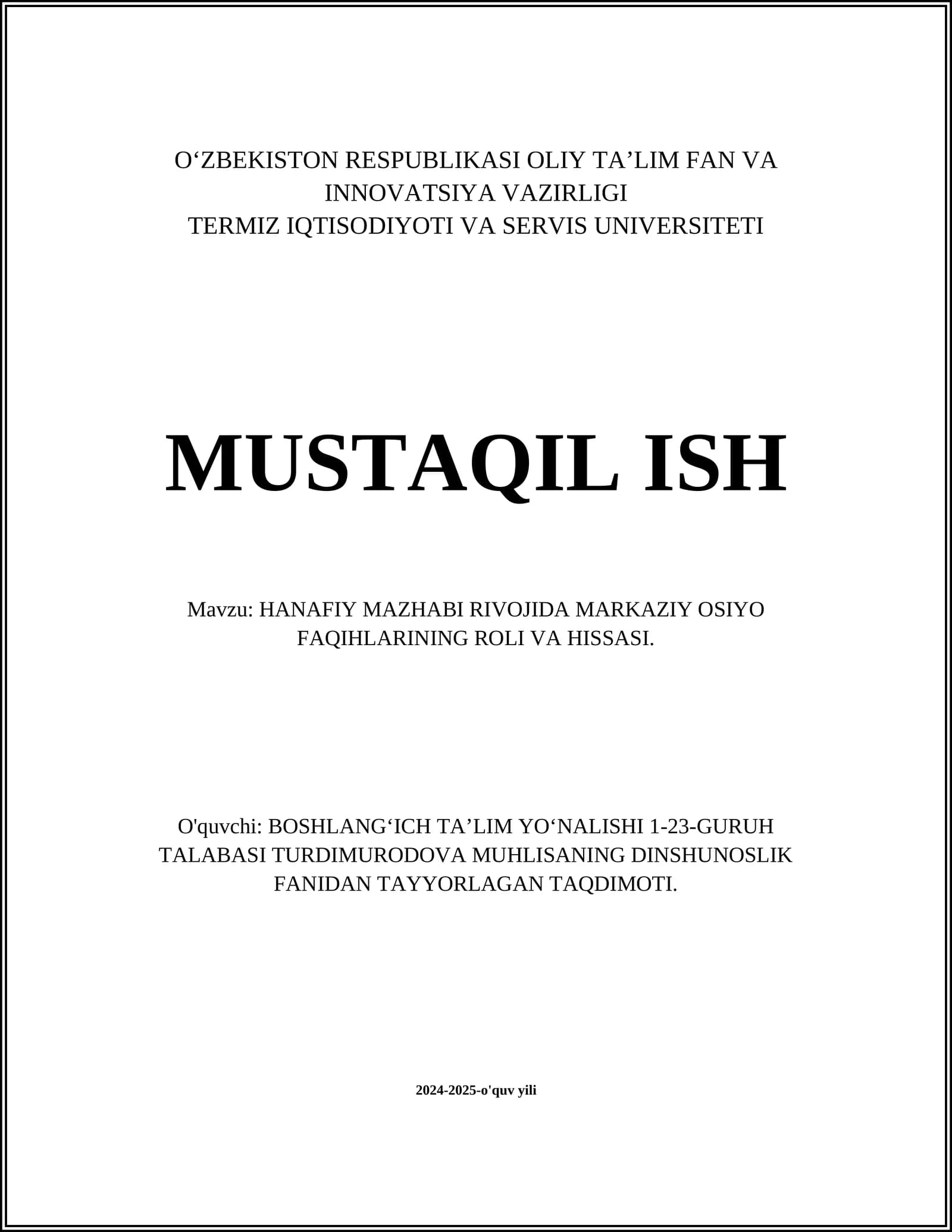 HANAFIY MAZHABI RIVOJIDA MARKAZIY OSIYO FAQIHLARINING ROLI VA HISSASI