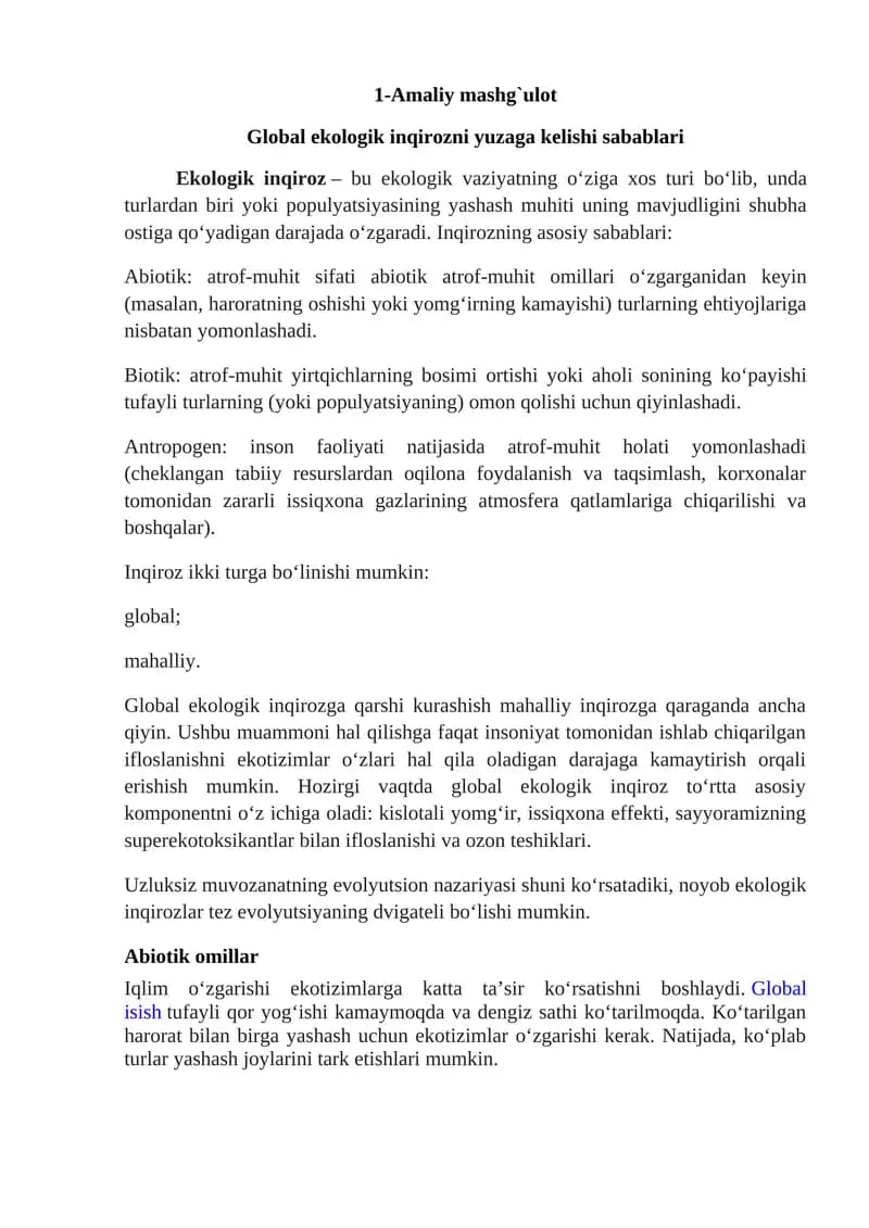 Global ekologik inqirozni yuzaga kelishi sabablari