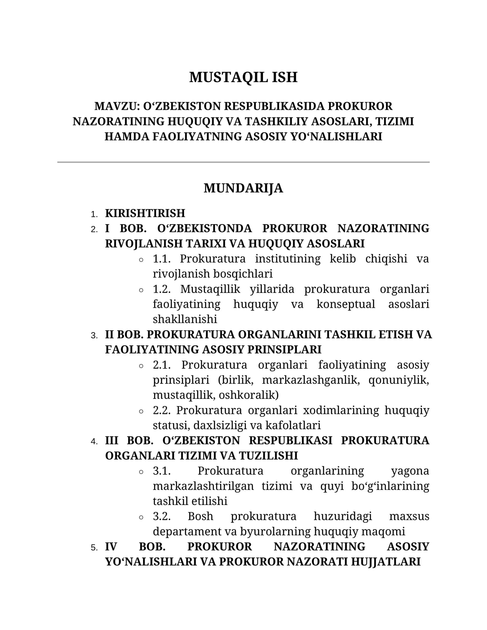 Oʻzbekiston Respublikasida Prokuror Nazorating Huquqiy va Tashkiliy Asoslari