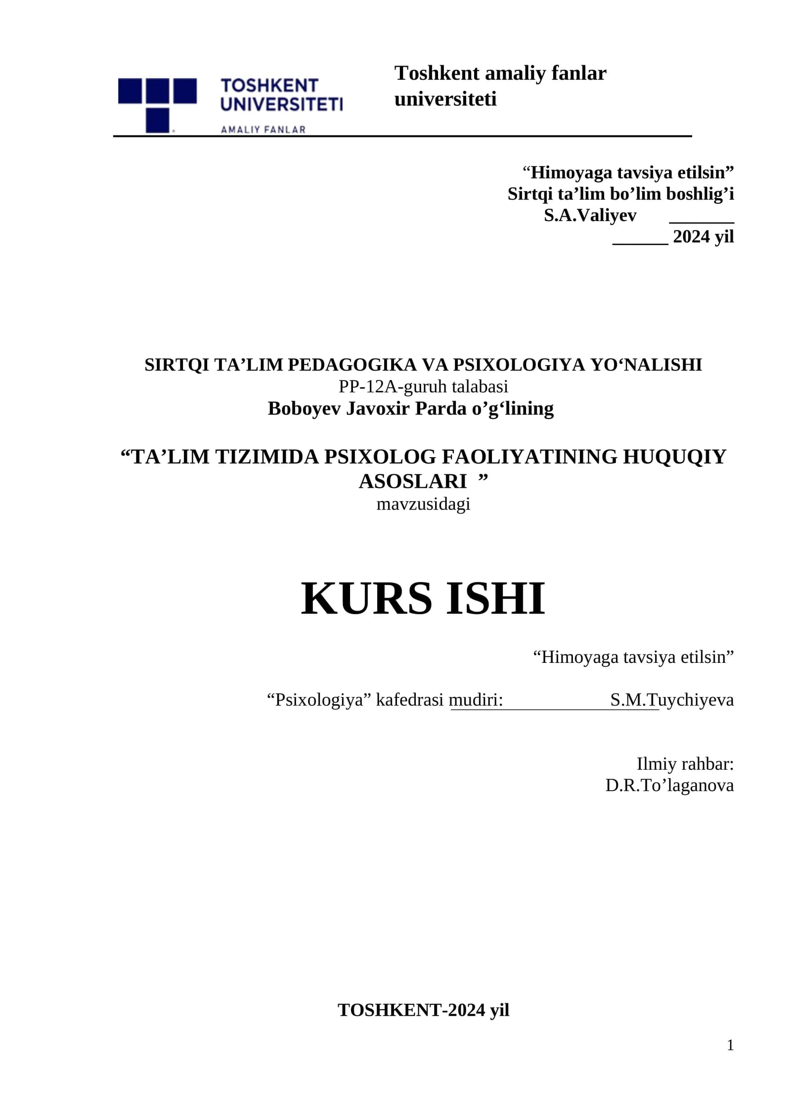 TA'LIM TIZIMIDA PSIXOLOG FAOLIYATINING HUQUQIY ASOSLARI