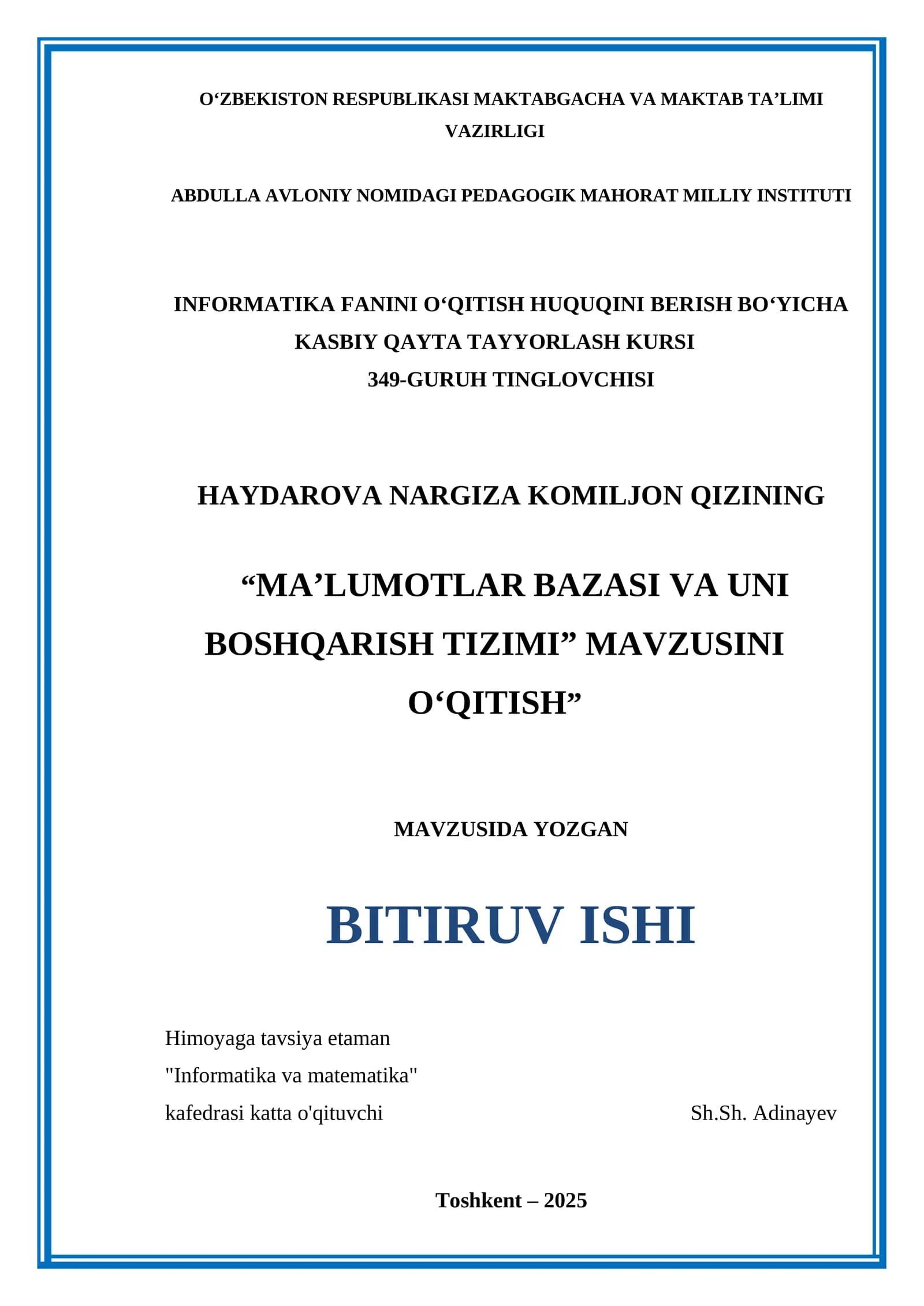"MA’LUMOTLAR BAZASI VA UNI BOSHQARISH TIZIMI"