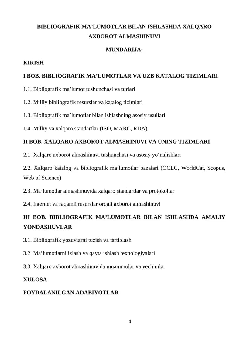 Bibliografik Ma'lumotlar Bilan Ishlashda Xalqaro Axborot Almashinuvi