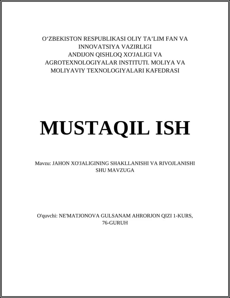 Jahon xo'jaliginin shakllanishi va rivojlanishi