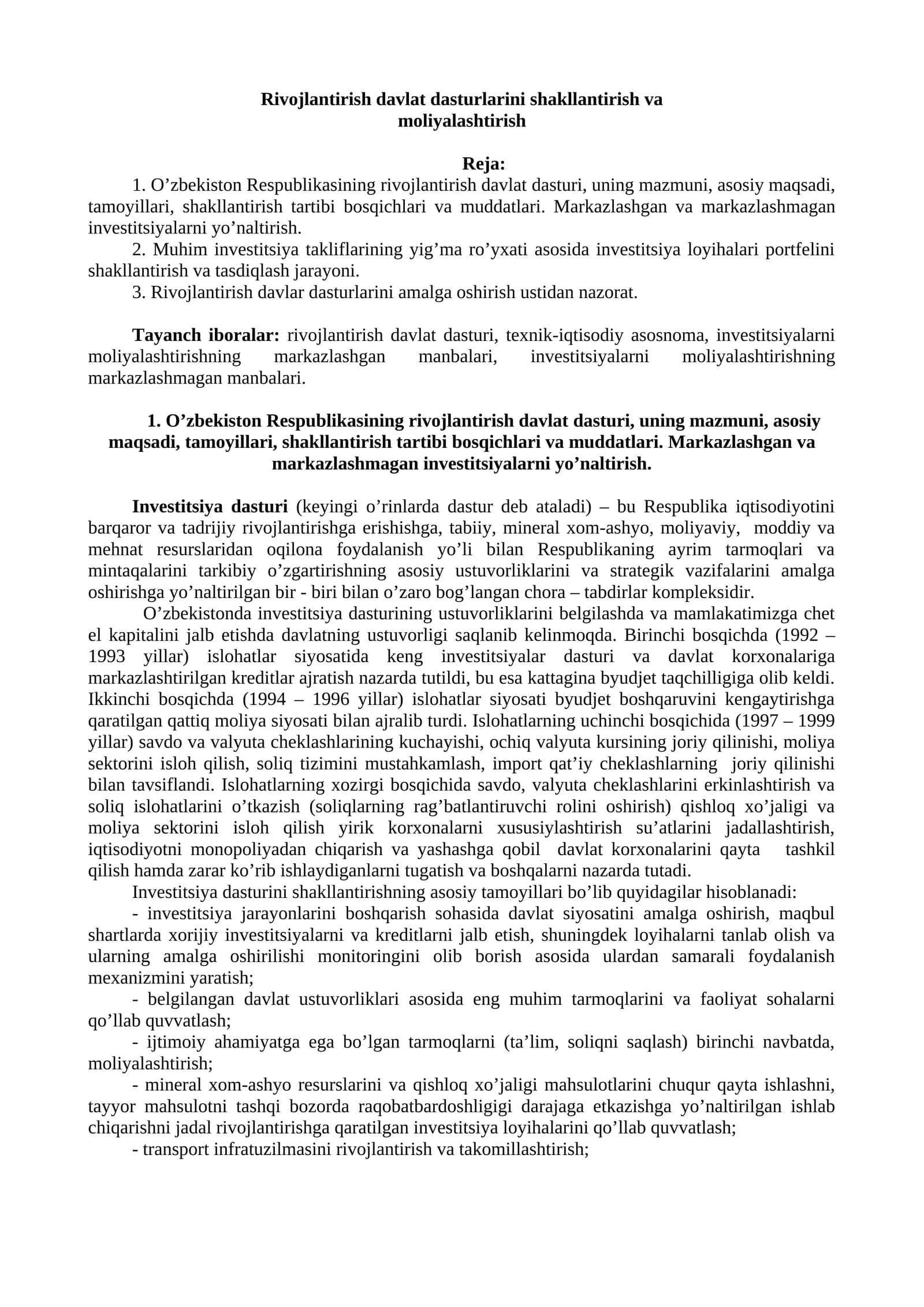 O’zbekiston Respublikasining rivojlantirish davlat dasturi