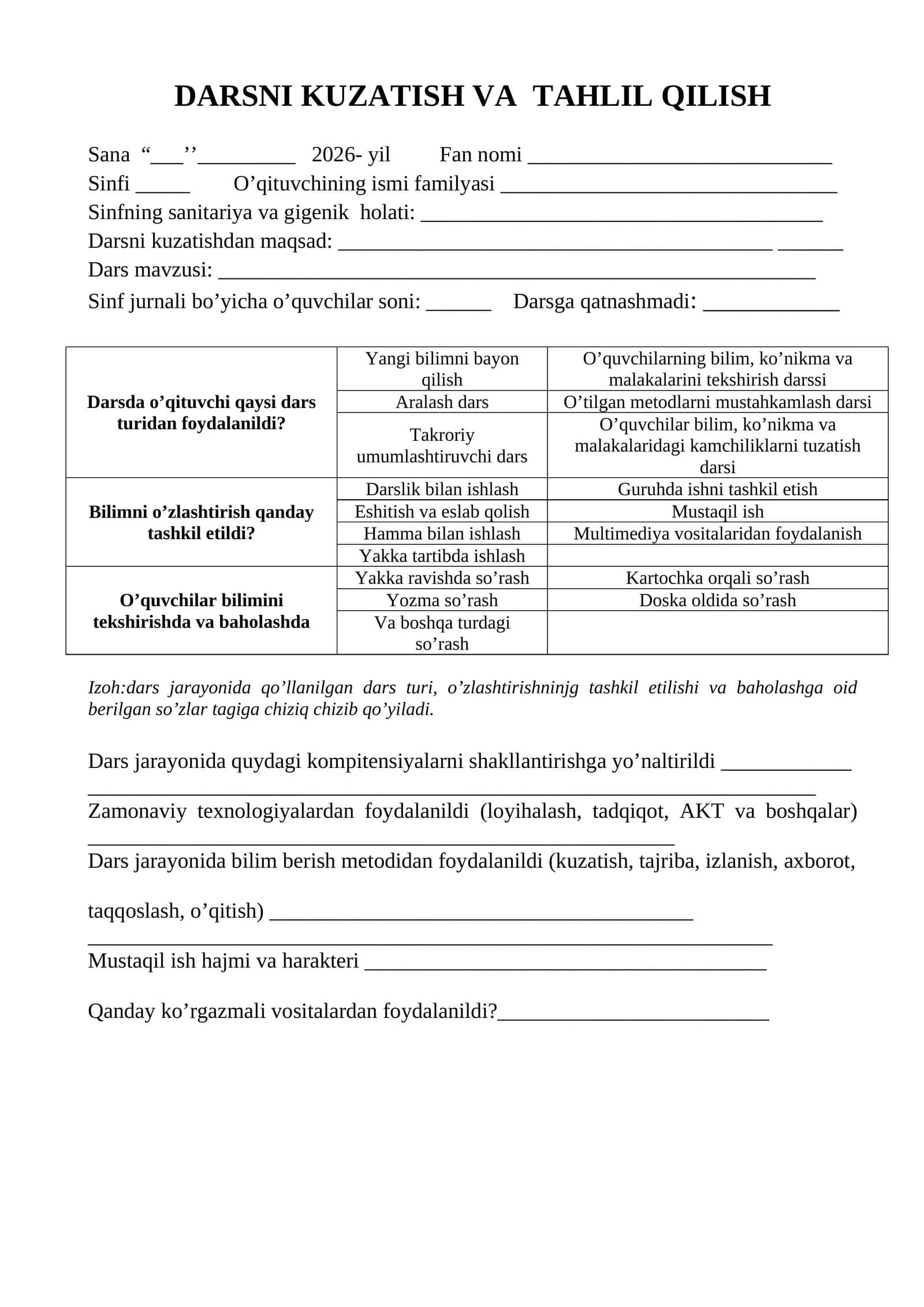 DARS TAHLIL NAMUNA BALNKA 2026 YIL