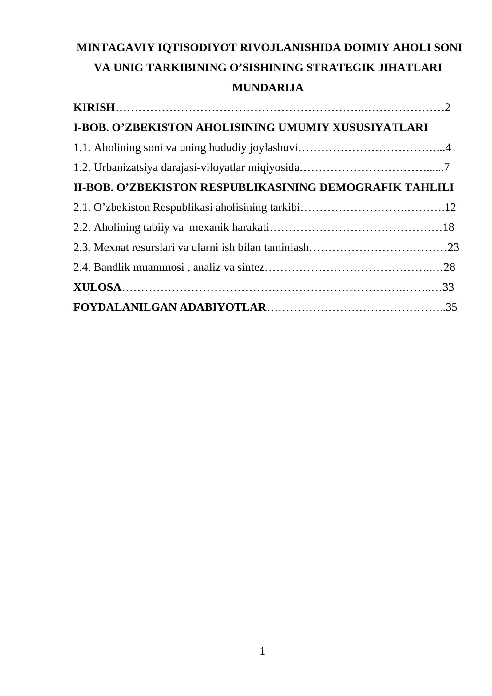 Mintagaviy iqtisodiyot rivojlanishida doimiy aholi soni va unig tarkibining o’sishining strategik jihatlari