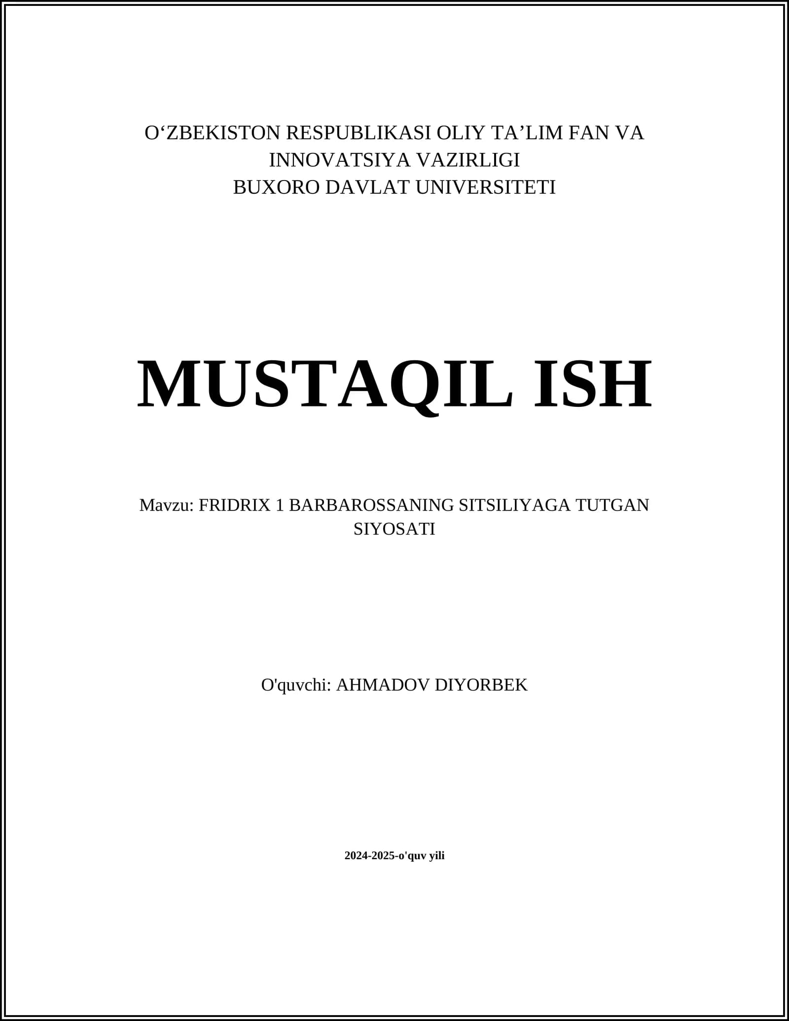 FRIDRIX 1 BARBAROSSANING SITSILIYAGA TUTGAN SIYOSATI