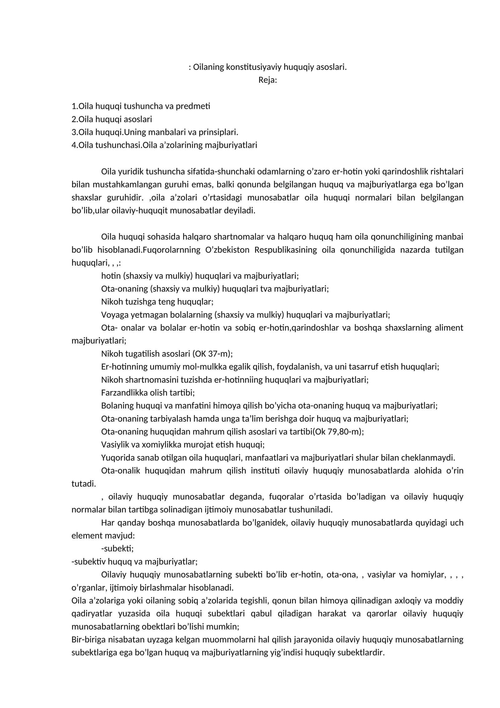 Oilaning konstitusiyaviy huquqiy asoslari