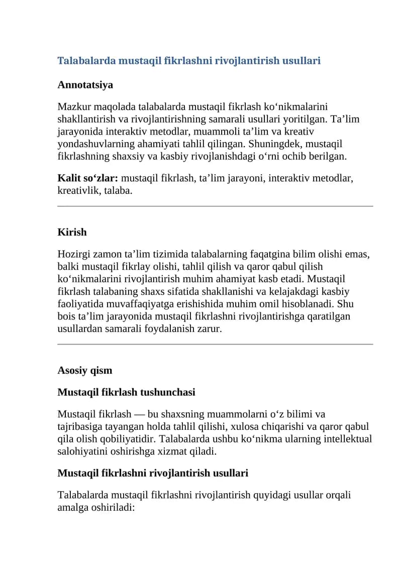 Talabalarda mustaqil fikrlashni rivojlantirish usullari