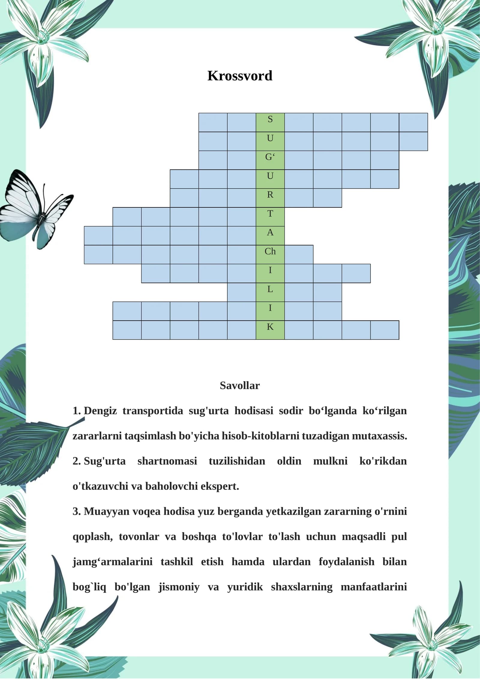 Sugʻurtaga oid  krossvord