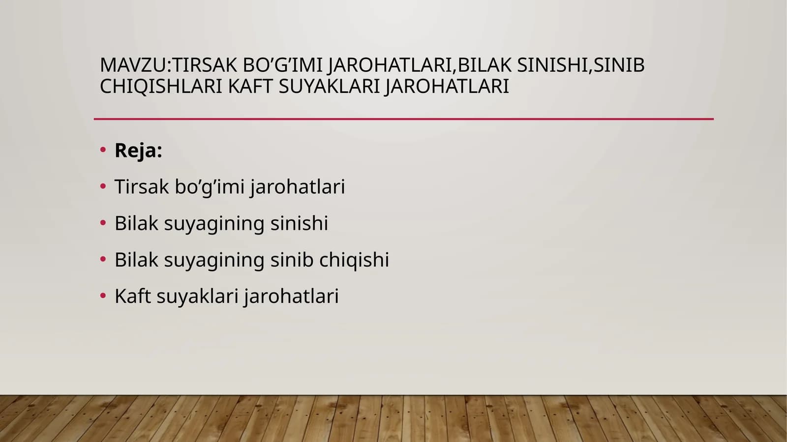 Tirsak bo’g’imi jarohatlari, bilak sinishi, sinib chiqishlari kaft suyaklari jarohatlari